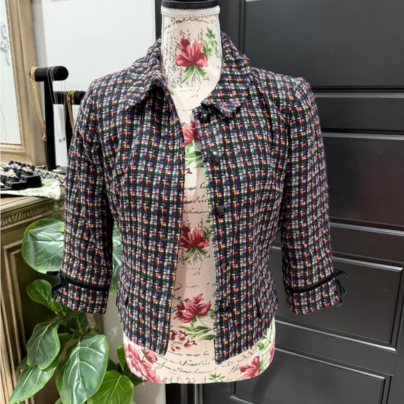 London Times Jackets & Blazers - London Times Multicolor Tweed Crop Jacket - Black Base with Pink & Blue Accents